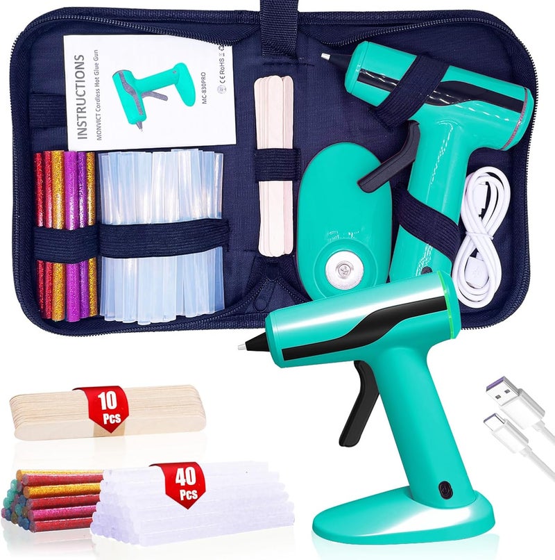 MONVICT Smart Power-Off Cordless Hot Glue Gun, Mini Glue Gun Kit with 2.2A Battery, Storage Bag, 40 Pcs Glue Sticks, 10 Pcs Craft Sticks, USB-C Rechargeable Hot Melt Glue Gun for DIY Craft Gift - Image 1